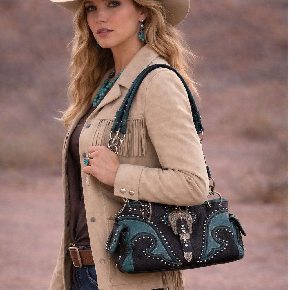 Rustic Couture Western‎ Rhinestone Studded Turquoise Black Faux Leather Handbag